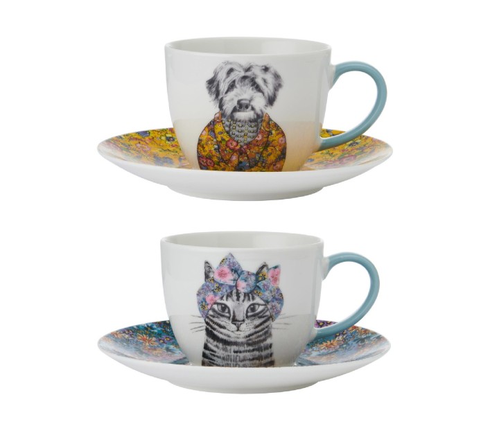 LifetimeBRANDS portselanist tasside ja alustasside komplekt "Cat and dog", 2 tk. 240 ml | 1